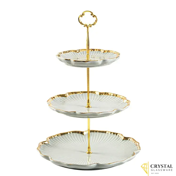 3-tier white ceramic cake stand with gold accents