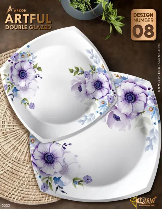 Dinner set Melamine by ARKON -Double glazed with a FREE TRAY SET and glass lids with crystal knobs -New and Enhanced-75pieces serves 8 persons-Artful