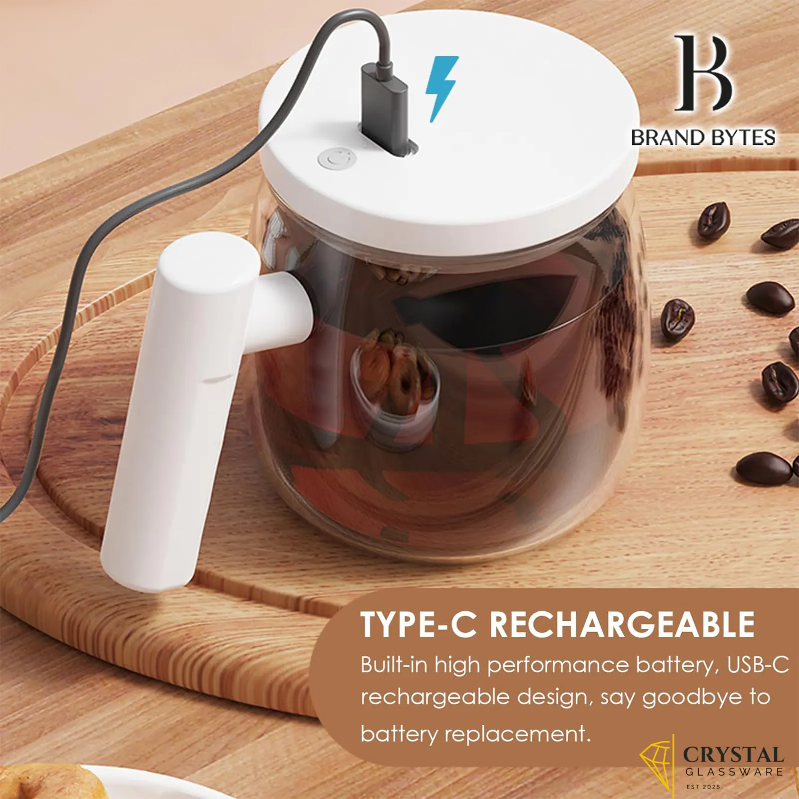 Brand Bytes 400 ml Self Stirring Mug, Electric High Speed Mixing Cup, Rechargeable Self Stirring Coffee Mug with Type C, Stirring Cup for Coffee/Milk/Protein Powder at Home/Office