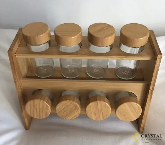  2-tier Billi bamboo spice rack featuring glass jars with wooden lids