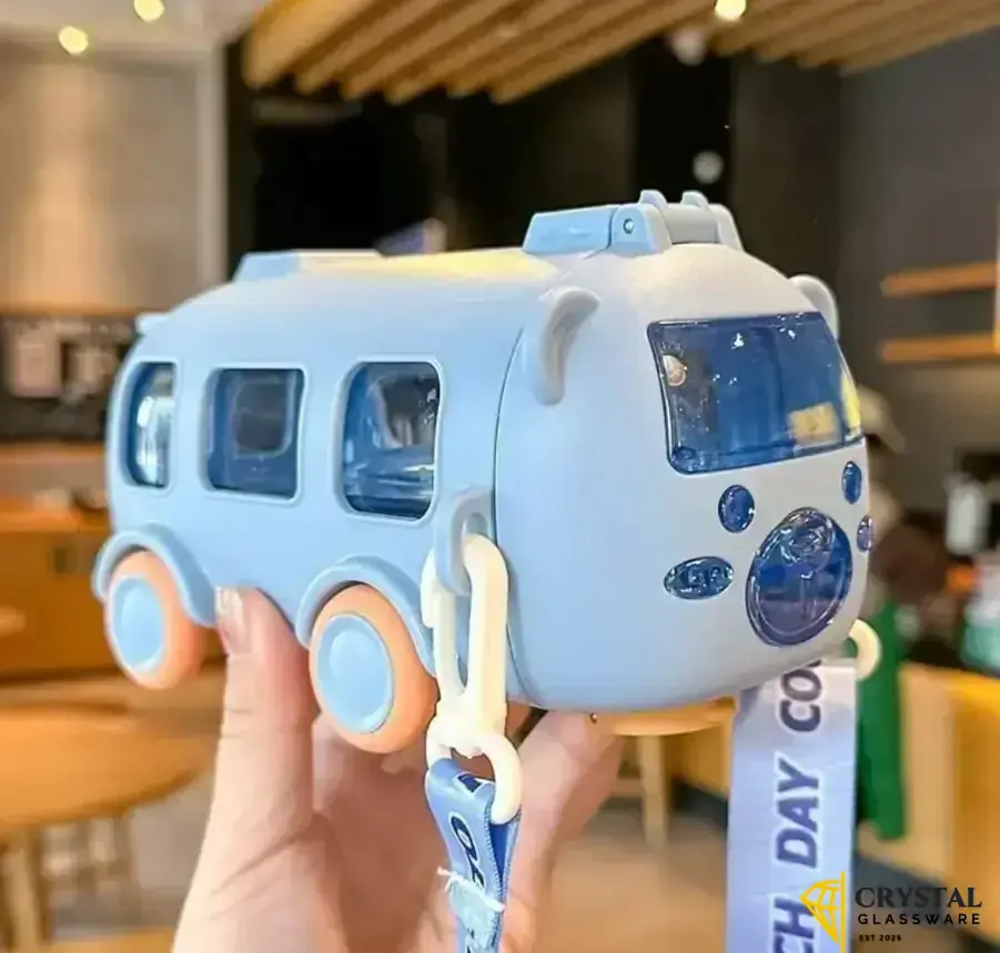 Imported 500ml Bus Water Bottle for Kids with Strap Sipper and Straw Leakproof BPA Free with Lock Water Bottle for School Kids Cute Bus Shaped Water Bottle for Girls and Boys