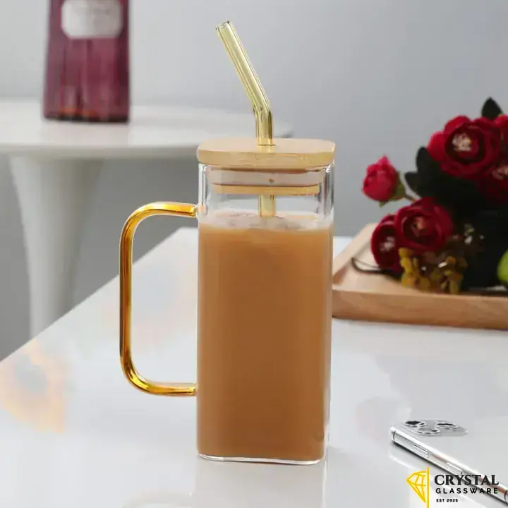PANMAH - Square Glass Cup with Lid and Straw, Breakfast Milk Cup, Microwave Safe, Clear Juice, Iced Coffee Mug, Kitchen Drinkware Glasses, Dining Glass, 400ml