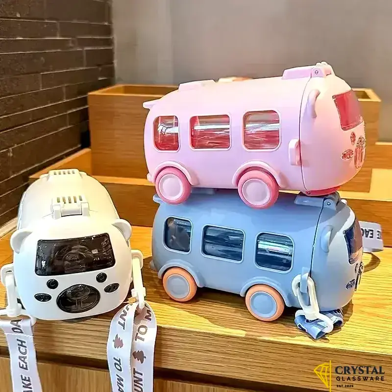 Imported 500ml Bus Water Bottle for Kids with Strap Sipper and Straw Leakproof BPA Free with Lock Water Bottle for School Kids Cute Bus Shaped Water Bottle for Girls and Boys