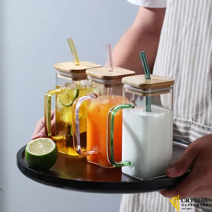PANMAH - Square Glass Cup with Lid and Straw, Breakfast Milk Cup, Microwave Safe, Clear Juice, Iced Coffee Mug, Kitchen Drinkware Glasses, Dining Glass, 400ml