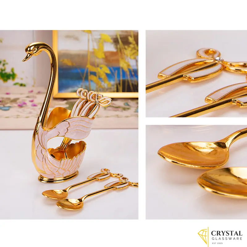 Stainless Steel Fruit Cake Coffee Tea Spoon Swan Holder Cutlery Set Zinc Alloy/ Dropper Gold