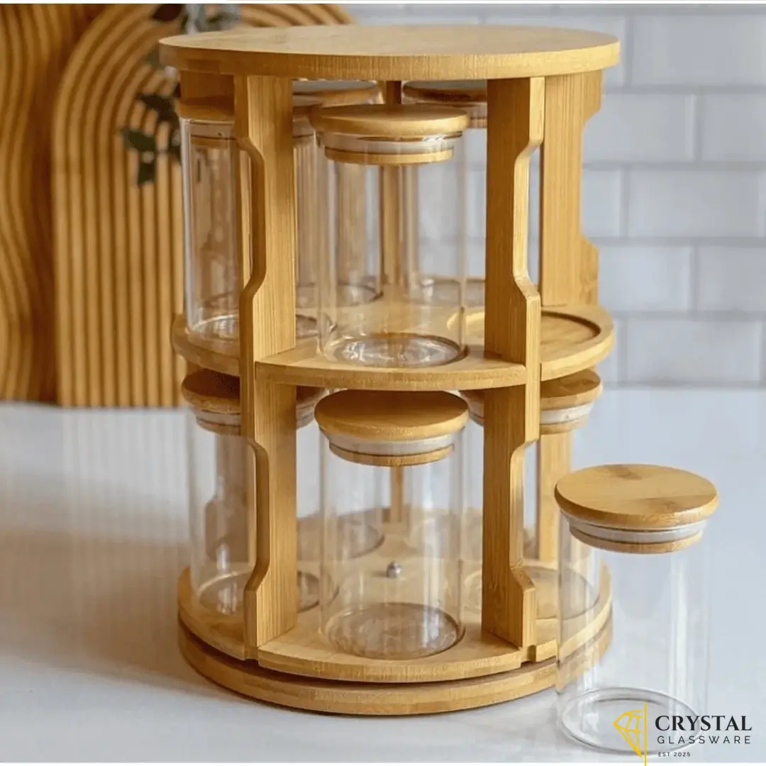 Spice storage 360° rotating bamboo rack and 10 borosilicate glass jars