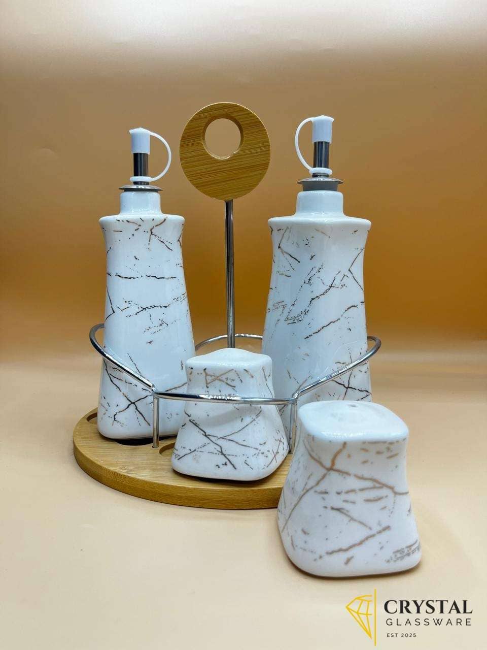Marble Ceramic Oil & Condiment Dispenser Set – 5 Pieces with Bamboo Stand Namak Dani set Salt & Pepper Jars