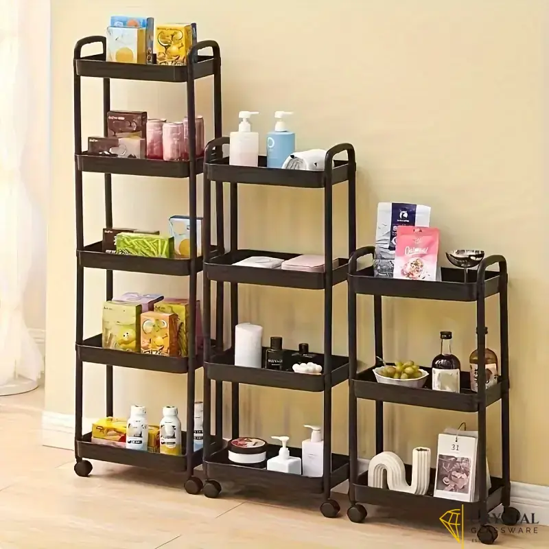 Multi-Purpose Kitchen Storage Trolley Rack with 5-Tier Shelves | Rolling Utility Cart with Wheels | Bathroom Organizer | Portable Plastic Storage Shelf for Vegetables, Fruits, Spices, Toiletries, and Office Supplies | 5 layer Trolley |