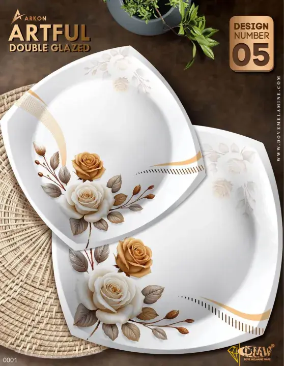 Dinner set Melamine by ARKON -Double glazed with a FREE TRAY SET and glass lids with crystal knobs -New and Enhanced-75pieces serves 8 persons-Artful