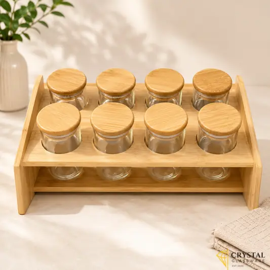 Spice rack set 8 glass jars with matching airtight bamboo lids