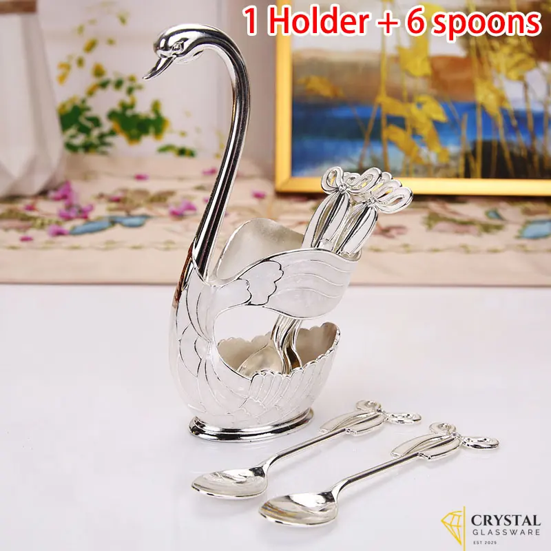 Stainless Steel Fruit Cake Coffee Tea Spoon Swan Holder Cutlery Set Zinc Alloy/ Dropper Gold