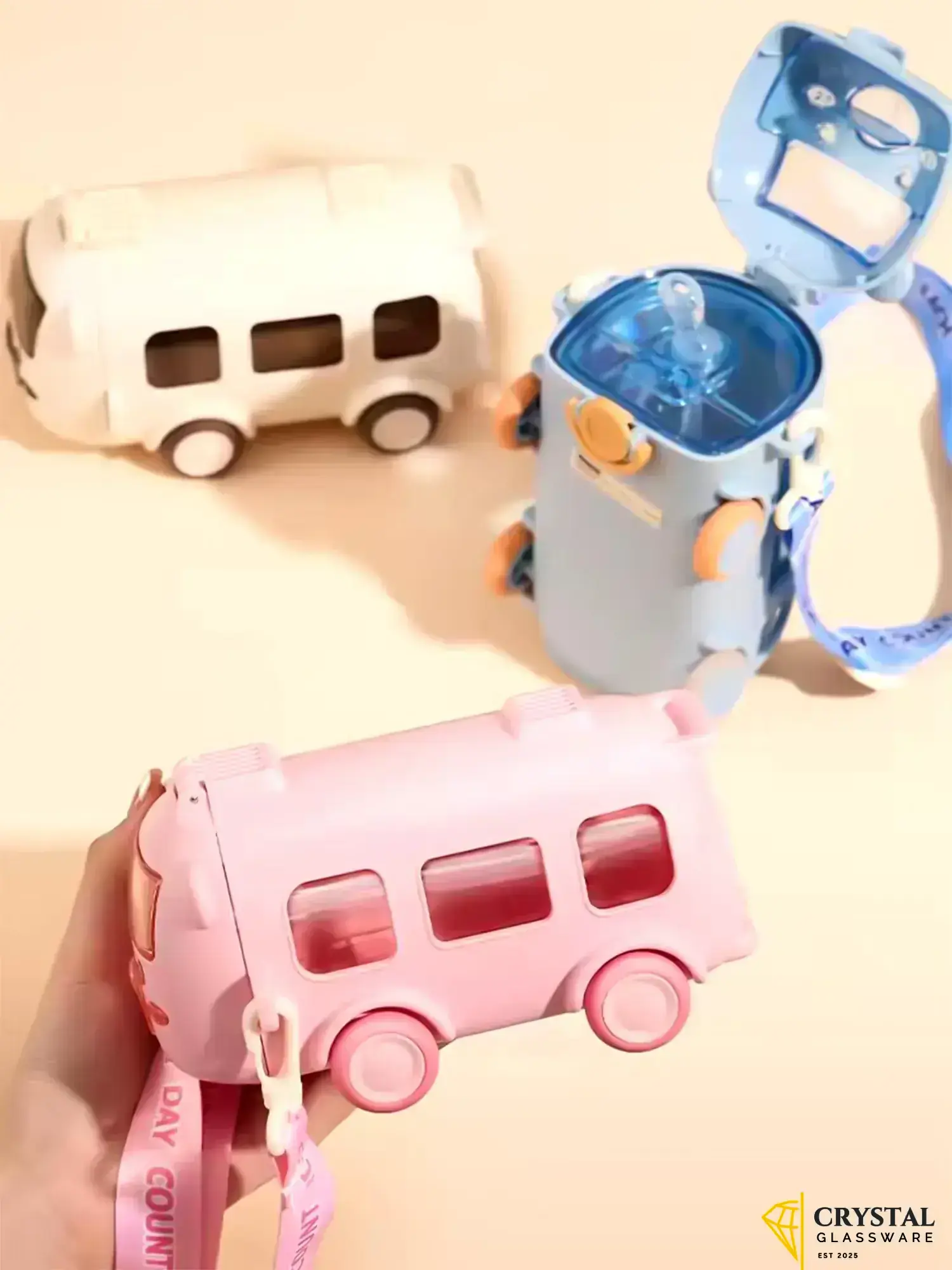 Imported 500ml Bus Water Bottle for Kids with Strap Sipper and Straw Leakproof BPA Free with Lock Water Bottle for School Kids Cute Bus Shaped Water Bottle for Girls and Boys
