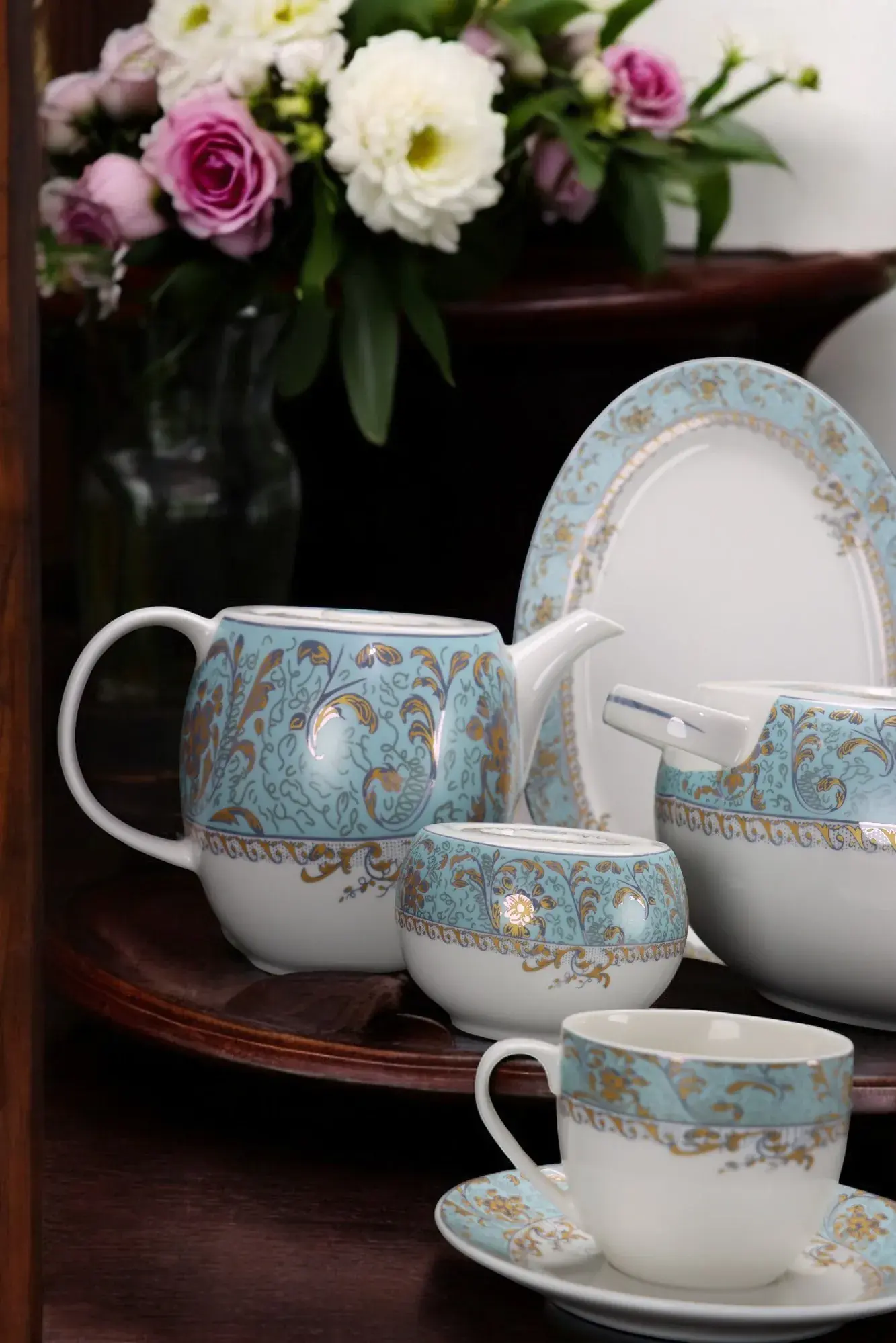 Premium 61-Piece Blue Dinner Set | Fine Bone China | Green Crockery