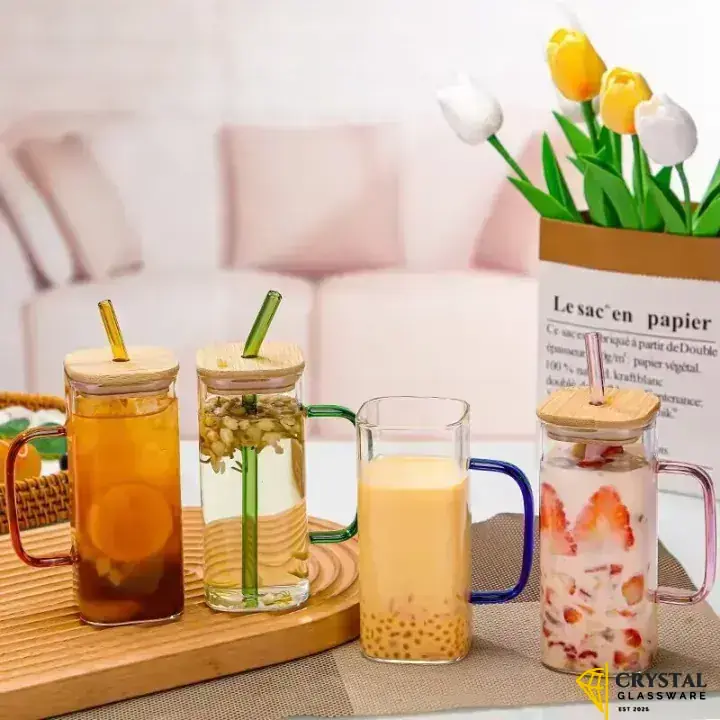 PANMAH - Square Glass Cup with Lid and Straw, Breakfast Milk Cup, Microwave Safe, Clear Juice, Iced Coffee Mug, Kitchen Drinkware Glasses, Dining Glass, 400ml