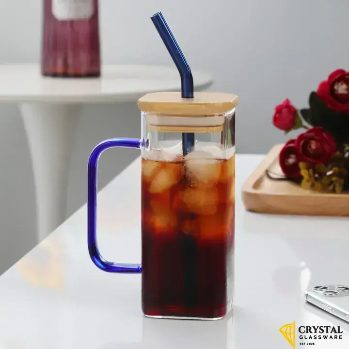 PANMAH - Square Glass Cup with Lid and Straw, Breakfast Milk Cup, Microwave Safe, Clear Juice, Iced Coffee Mug, Kitchen Drinkware Glasses, Dining Glass, 400ml