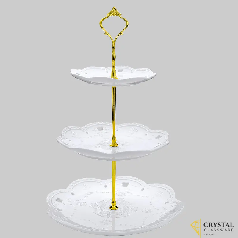 3-tier white ceramic cake stand with gold accents