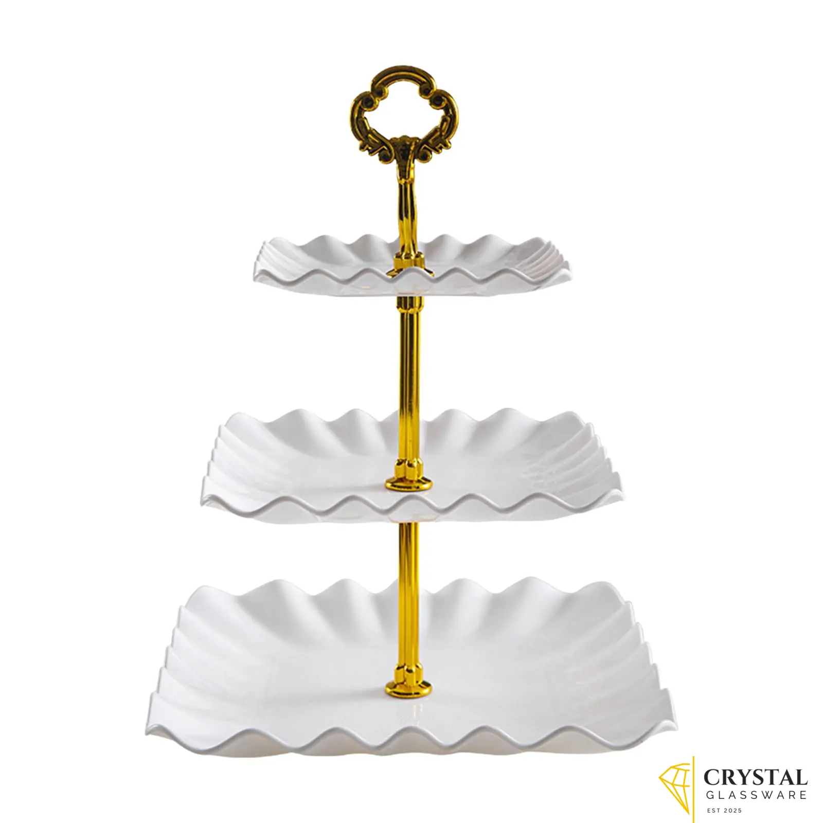 3-tier white ceramic cake stand with gold accents
