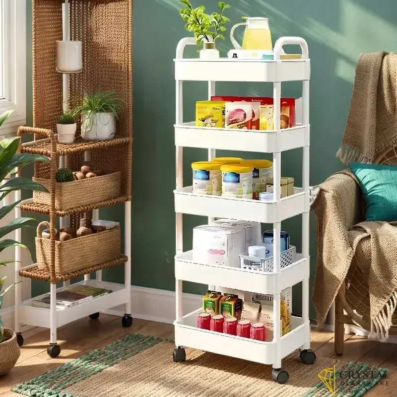 Multi-Purpose Kitchen Storage Trolley Rack with 5-Tier Shelves | Rolling Utility Cart with Wheels | Bathroom Organizer | Portable Plastic Storage Shelf for Vegetables, Fruits, Spices, Toiletries, and Office Supplies | 5 layer Trolley |