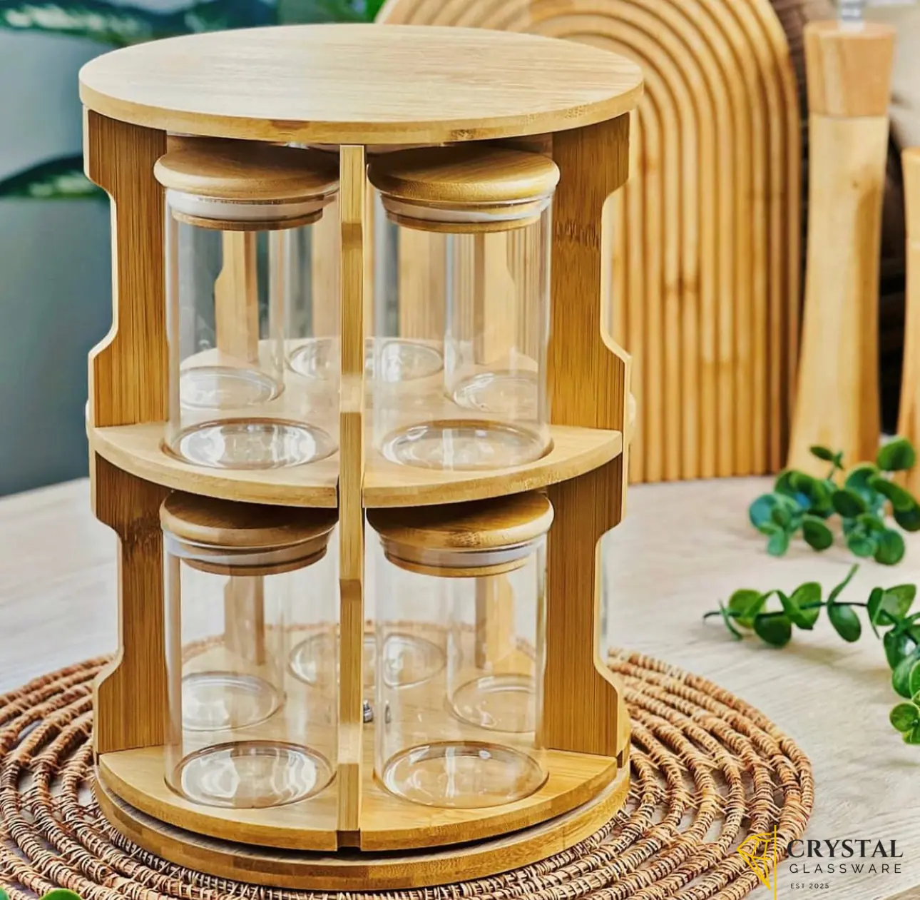 Spice storage 360° rotating bamboo rack and 10 borosilicate glass jars