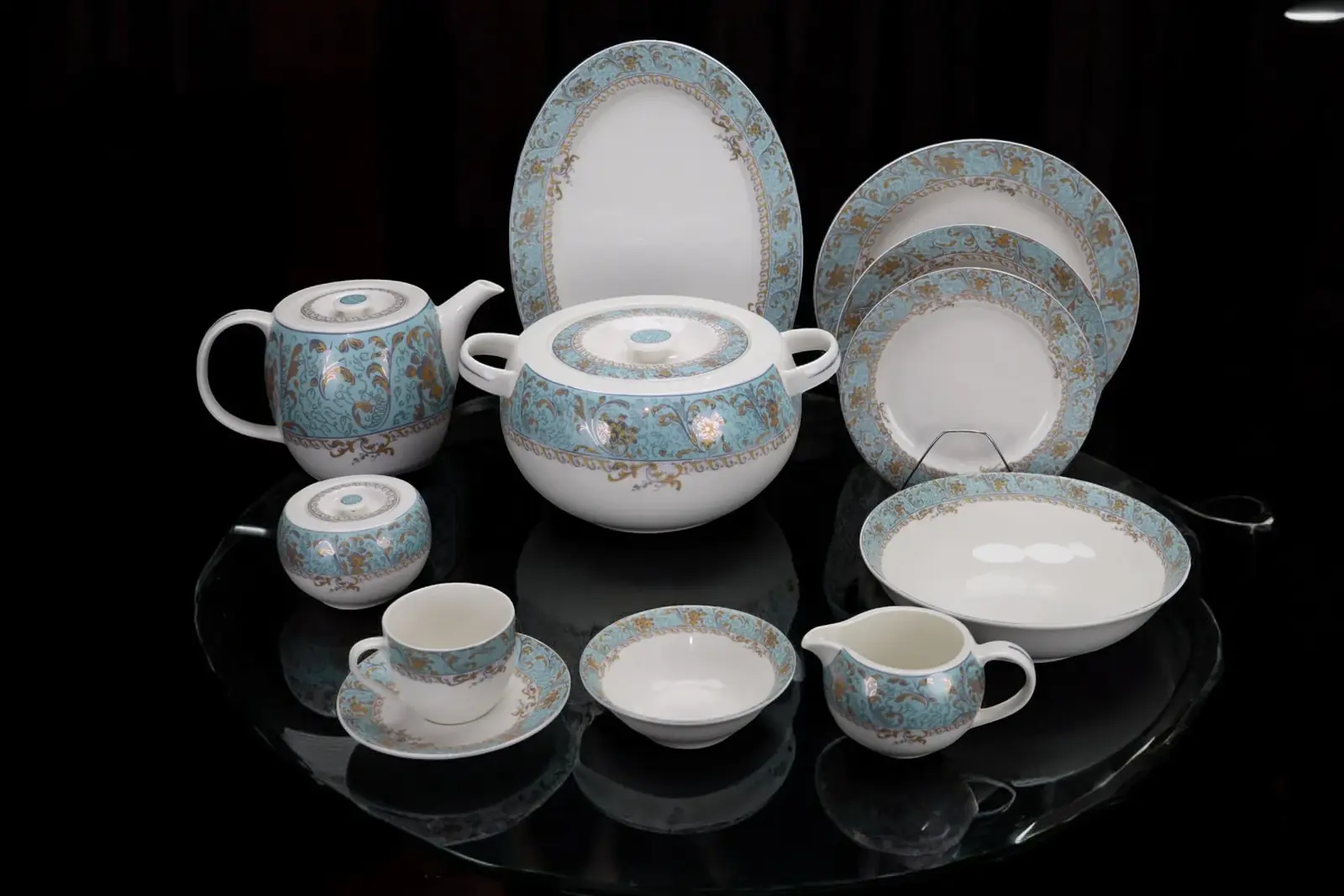 Premium 61-Piece Blue Dinner Set | Fine Bone China | Green Crockery