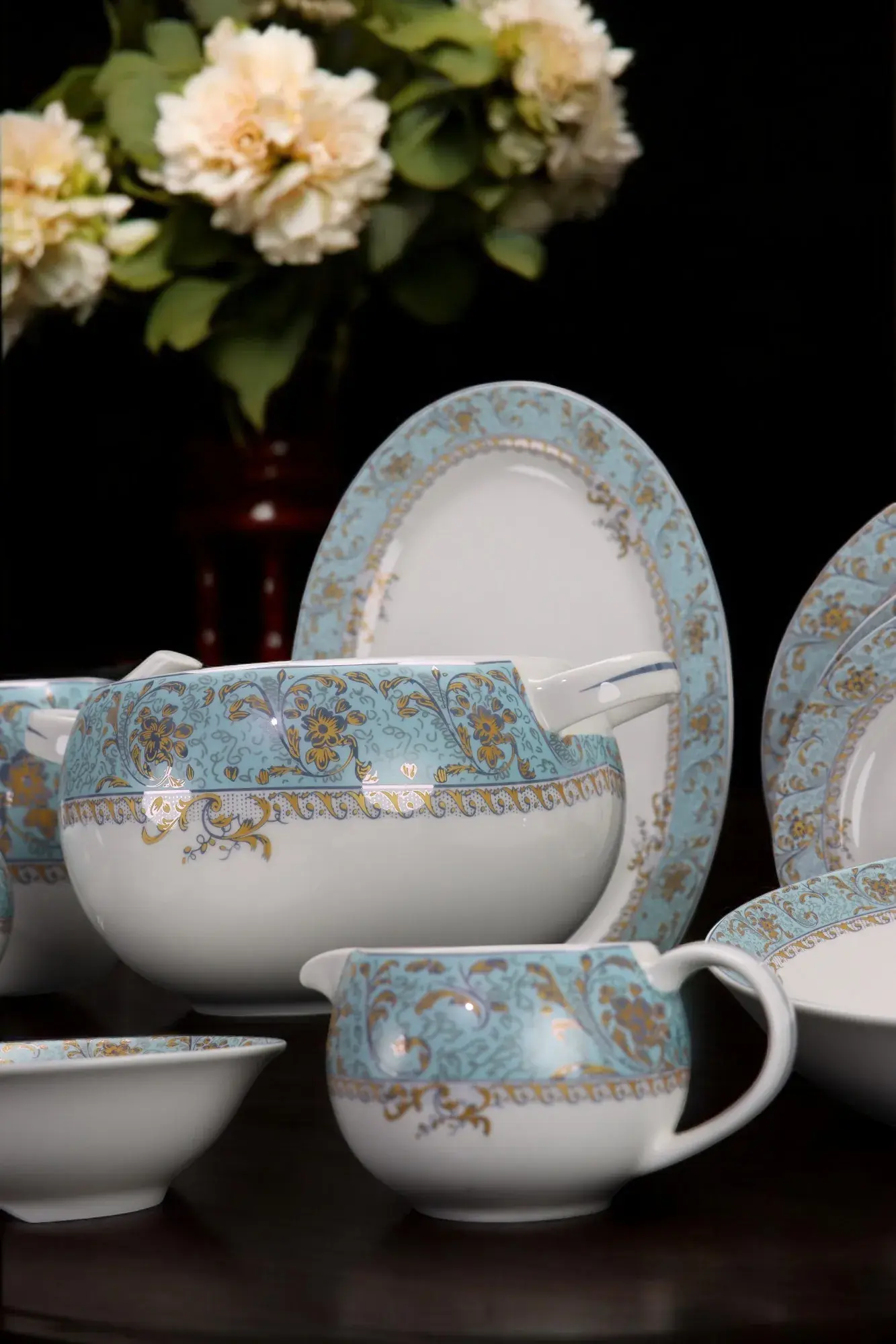 Premium 61-Piece Blue Dinner Set | Fine Bone China | Green Crockery