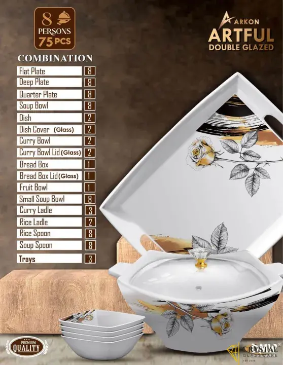 Dinner set Melamine by ARKON -Double glazed with a FREE TRAY SET and glass lids with crystal knobs -New and Enhanced-75pieces serves 8 persons-Artful