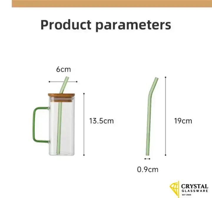 PANMAH - Square Glass Cup with Lid and Straw, Breakfast Milk Cup, Microwave Safe, Clear Juice, Iced Coffee Mug, Kitchen Drinkware Glasses, Dining Glass, 400ml