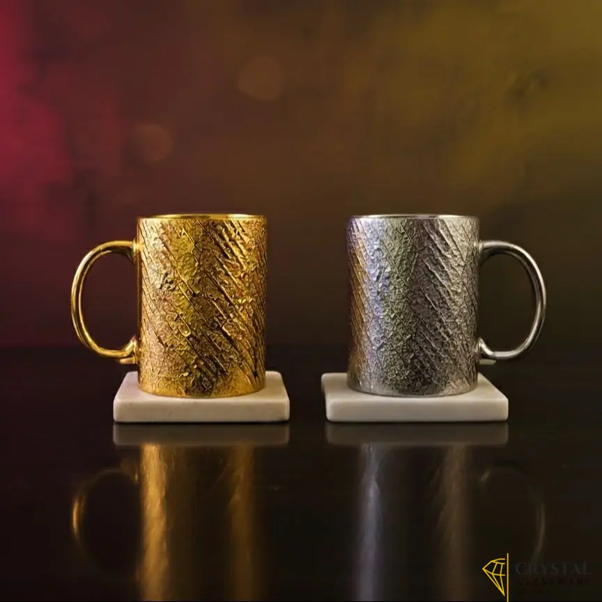 Golden Silver Mug - 325ml Mug - Tea Mug - Fence Golden Silver Mug - Gold Color Mug
