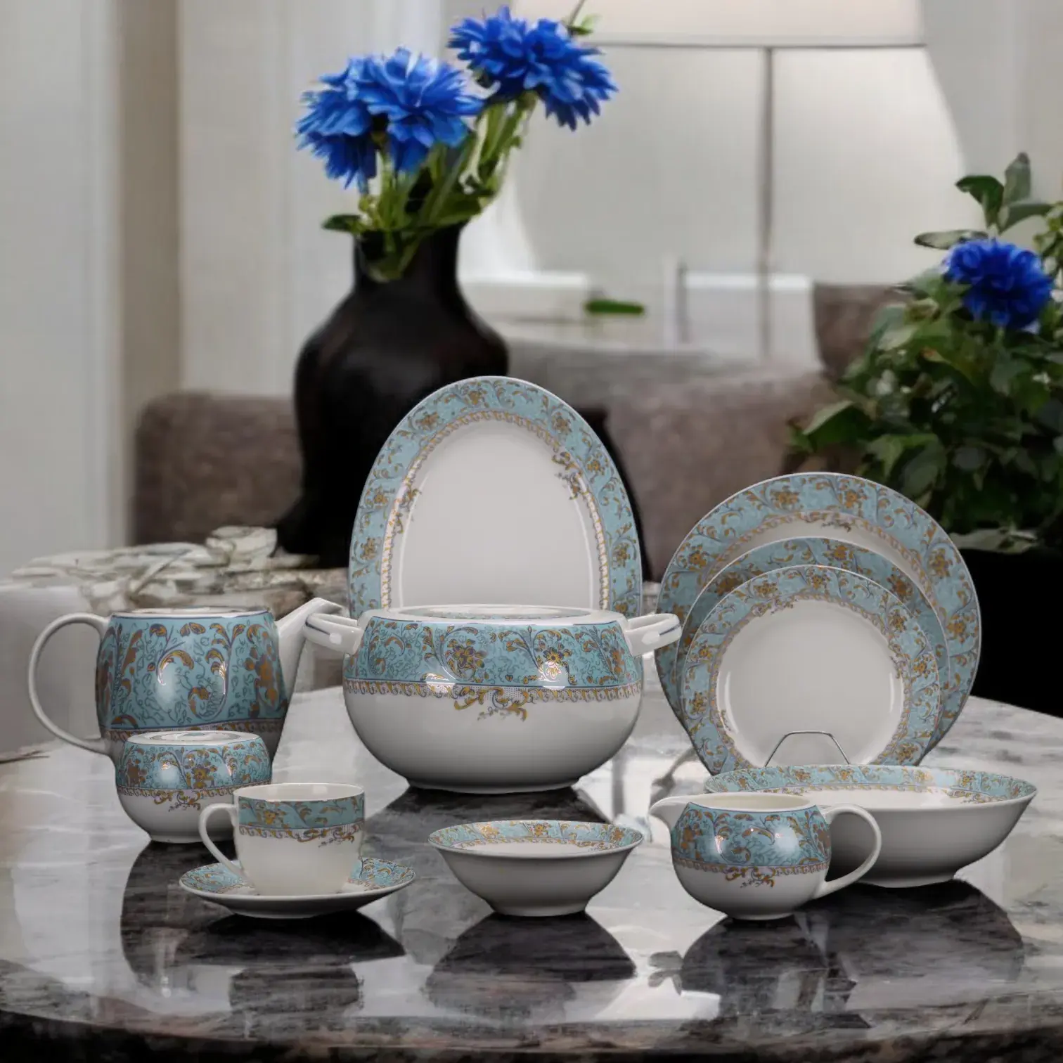 Premium 61-Piece Blue Dinner Set | Fine Bone China | Green Crockery