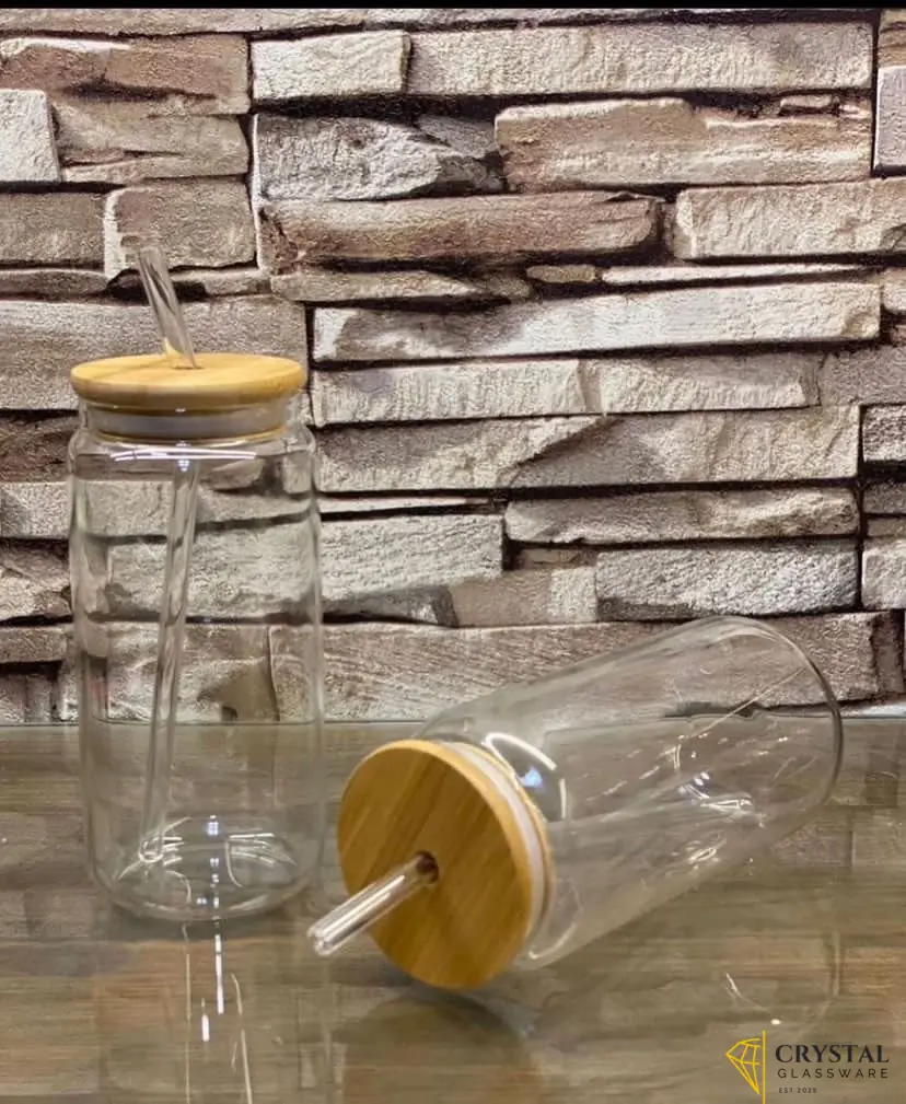 500ML Round Shape Glass with Glass Straw and Wooden Lid, Milk Glass, Imported High Quality — Crystal Glassware Pakistan