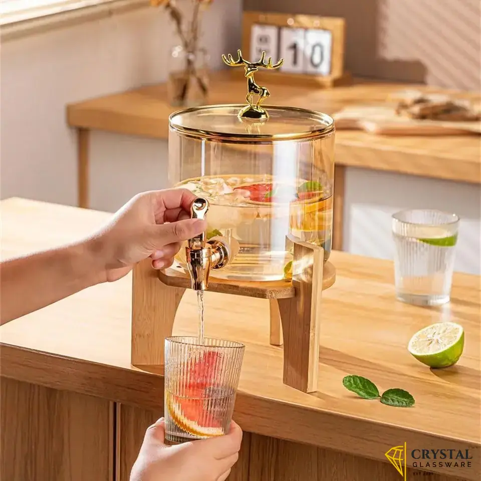 Glass Beverage Dispenser with Spigot ~ Beverage Jar with Lid & Wooden Stand