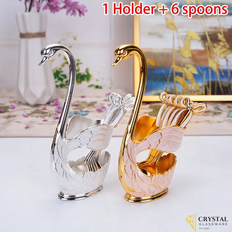 Stainless Steel Fruit Cake Coffee Tea Spoon Swan Holder Cutlery Set Zinc Alloy/ Dropper Gold