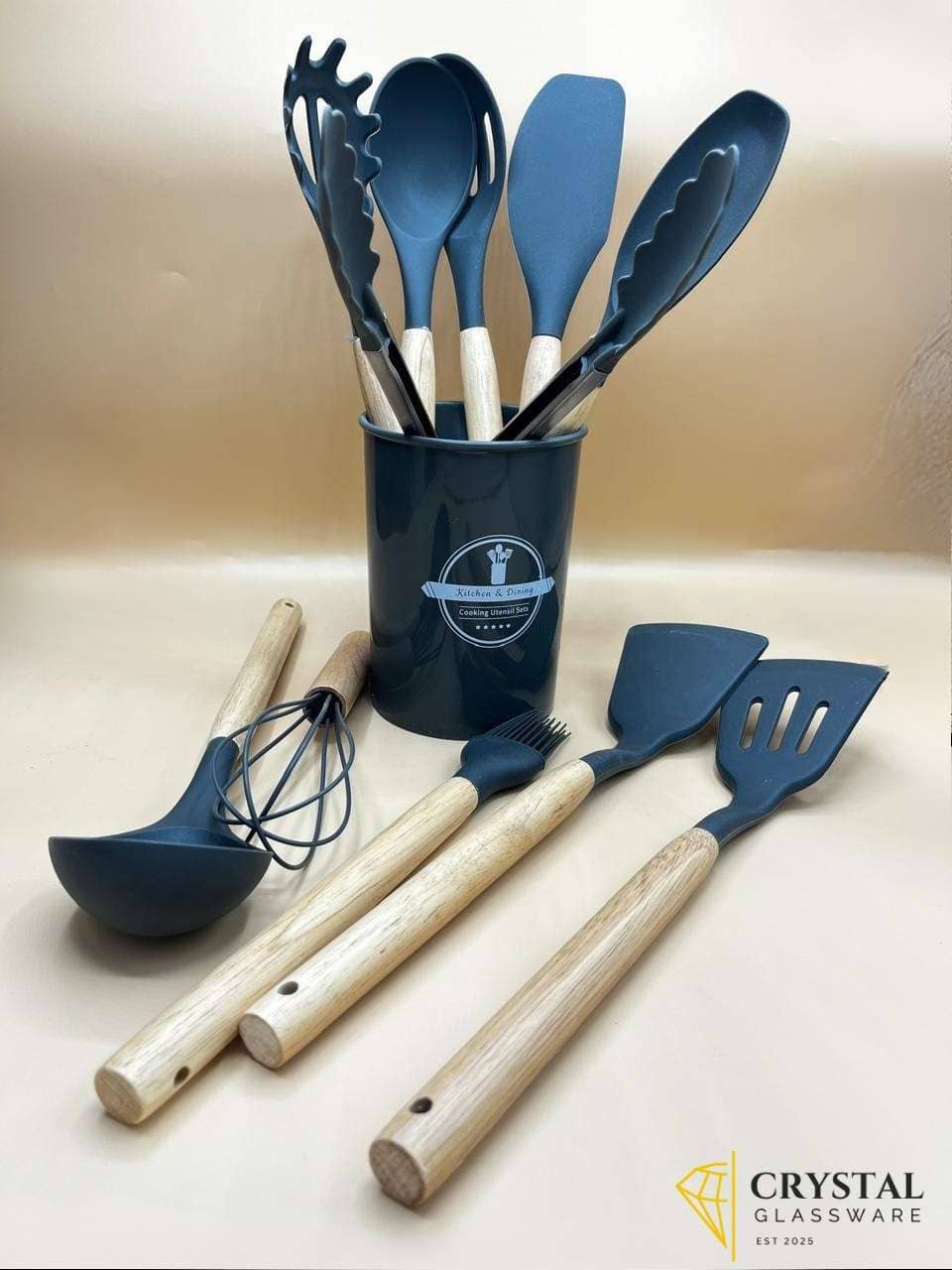 Kitchen utensil set Cooking tools Silicone utensils Wooden handle spatula Non-stick cookware safe Heat-resistant utensils Kitchen accessories 12-Piece Silicone & Wood Handle Kitchen Utensil Set – Cooking Tools with Holder