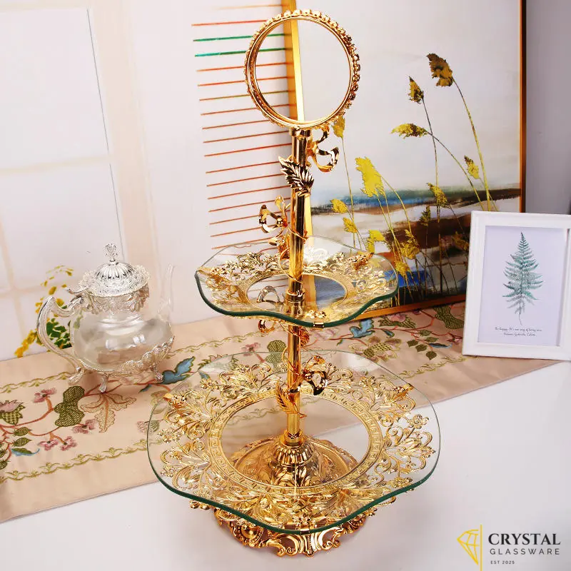 Two-Three tier golden serving stand with glass plates