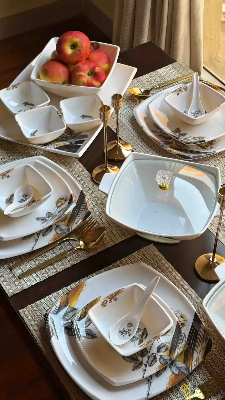 Dinner set Melamine by ARKON -Double glazed with a FREE TRAY SET and glass lids with crystal knobs -New and Enhanced-75pieces serves 8 persons-Artful